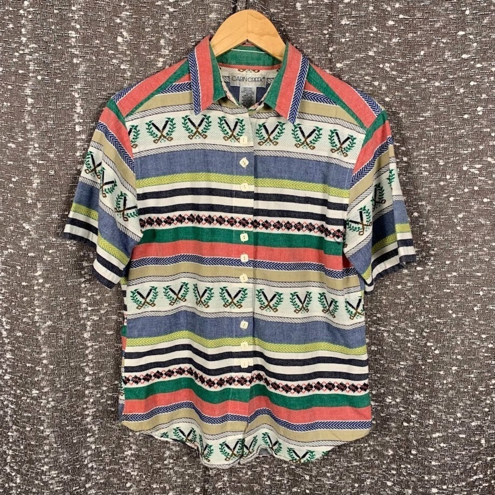 Vintage Cabin Creek Button Up Striped Golf Clubs Shirt Preppy Women's Medium